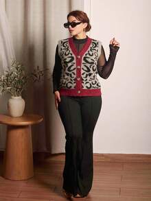 Lupita Cardoza 女式前扣V领无袖简约休闲豹纹毛衣背心秋冬 - 彩色 - 查看 4