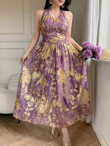 DAZY 女士优雅印花露背吊带收腰中长连衣裙，夏季 - 紫色 - 查看 9