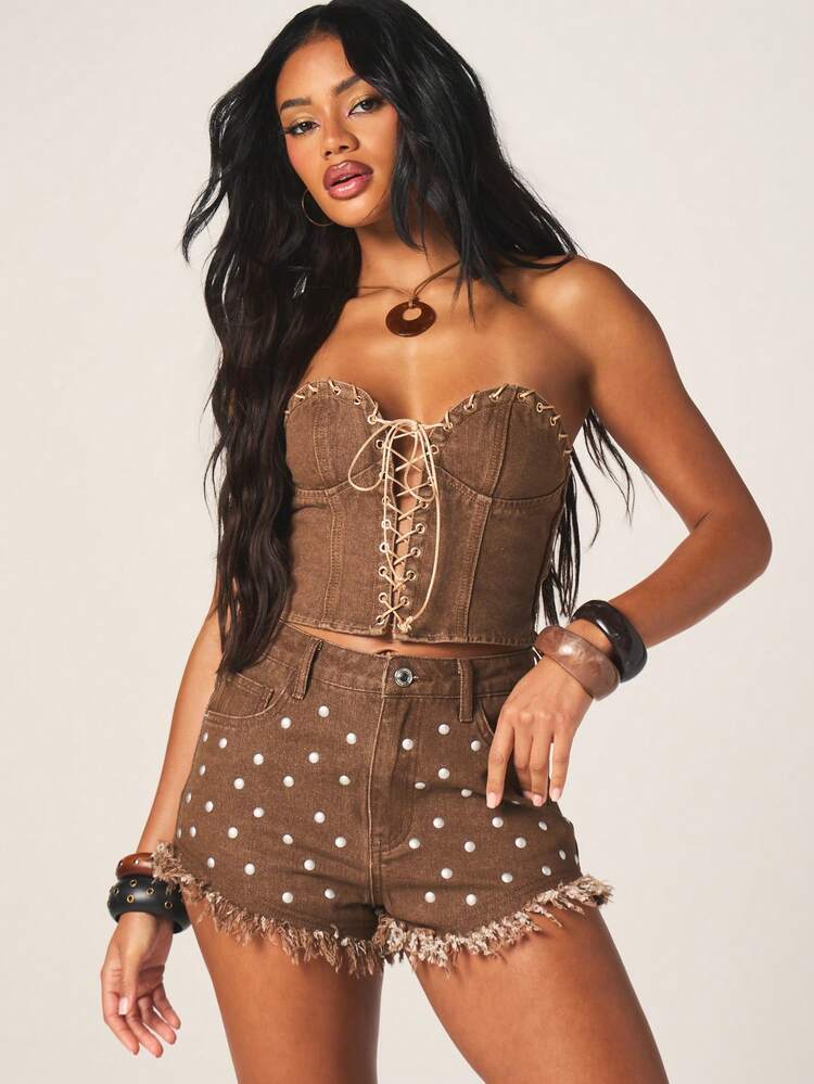 MISSGUIDED Studded Denim Mini Shorts With Frayed Hem
