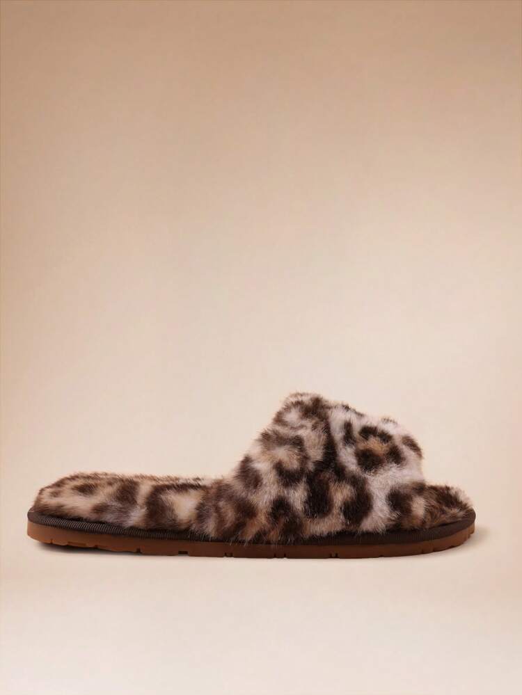 Leopard Print Fuzzy Faux Fur Slip On Flat Slippers