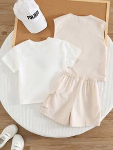 SHEIN 3pcs/Set Young Boys' Toddler Clothes,Summer Letter Print Short Sleeve Pullover Top,Cargo Pocket Vest,Shorts,Matching Holiday Family Vacation Outfit - Apricot - View 5
