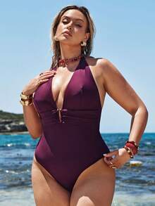 SHEIN BAE Plus Size Backless Halter One-Piece Swimsuit Summer Beach Vacation - Multicolor - View 4