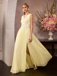 MOTF Soiréza Đầm chiffon vàng không tay cổ chữ V thêu hoa và đính sequin, phần trên ôm sát, dáng chữ A xếp ly xẻ tà, khóa kéo giữa lưng – phong cách thanh lịch, quyến rũ, lý tưởng cho các buổi tiệc tối, tiệc trang trọng, tiệc cưới, tiệc ngoài trời. - Màu vàng - Xem 6