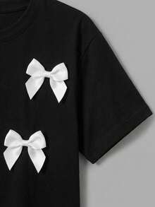 Franclia 女士休闲H型圆领3D蝴蝶结短袖T恤，夏季 - 黑色 - 查看 5