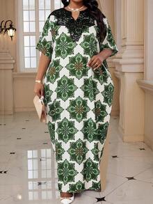 SHEIN Lady 大码优雅印花蝙蝠袖连衣裙，沙滩裙，度假装，波西米亚风 - 彩色 - 查看 3