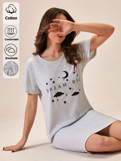 Loomlin Women Contrast Colour Lettered Round Neck SHORT Sleeve Homewear Pajama Dress Womens Nightdress Lounge Dress For Women Sleep Dress Women Night Gown Women