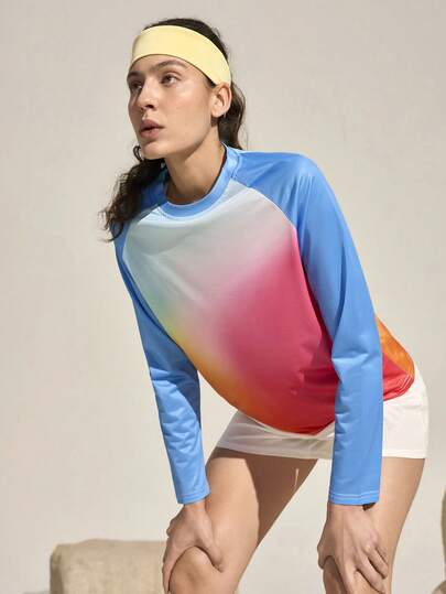 Exploreva 女士渐变色圆领宽松户外长袖T恤