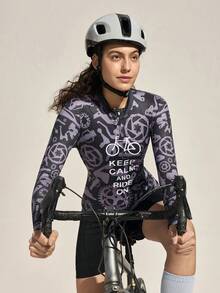 Exploreva 女士标语自行车印花长袖拉链骑行服 - 黑色 - 查看 1