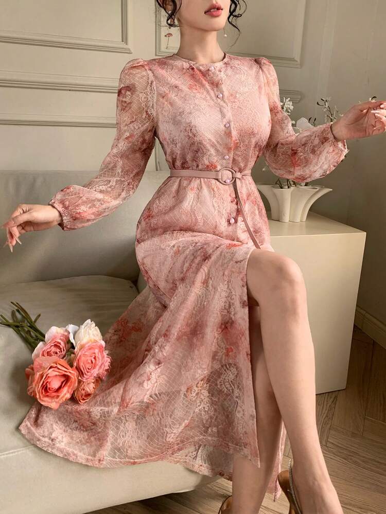 Pink Lace Print Long Sleeve Tie Waist Dress Summer Sun Dresses For Women