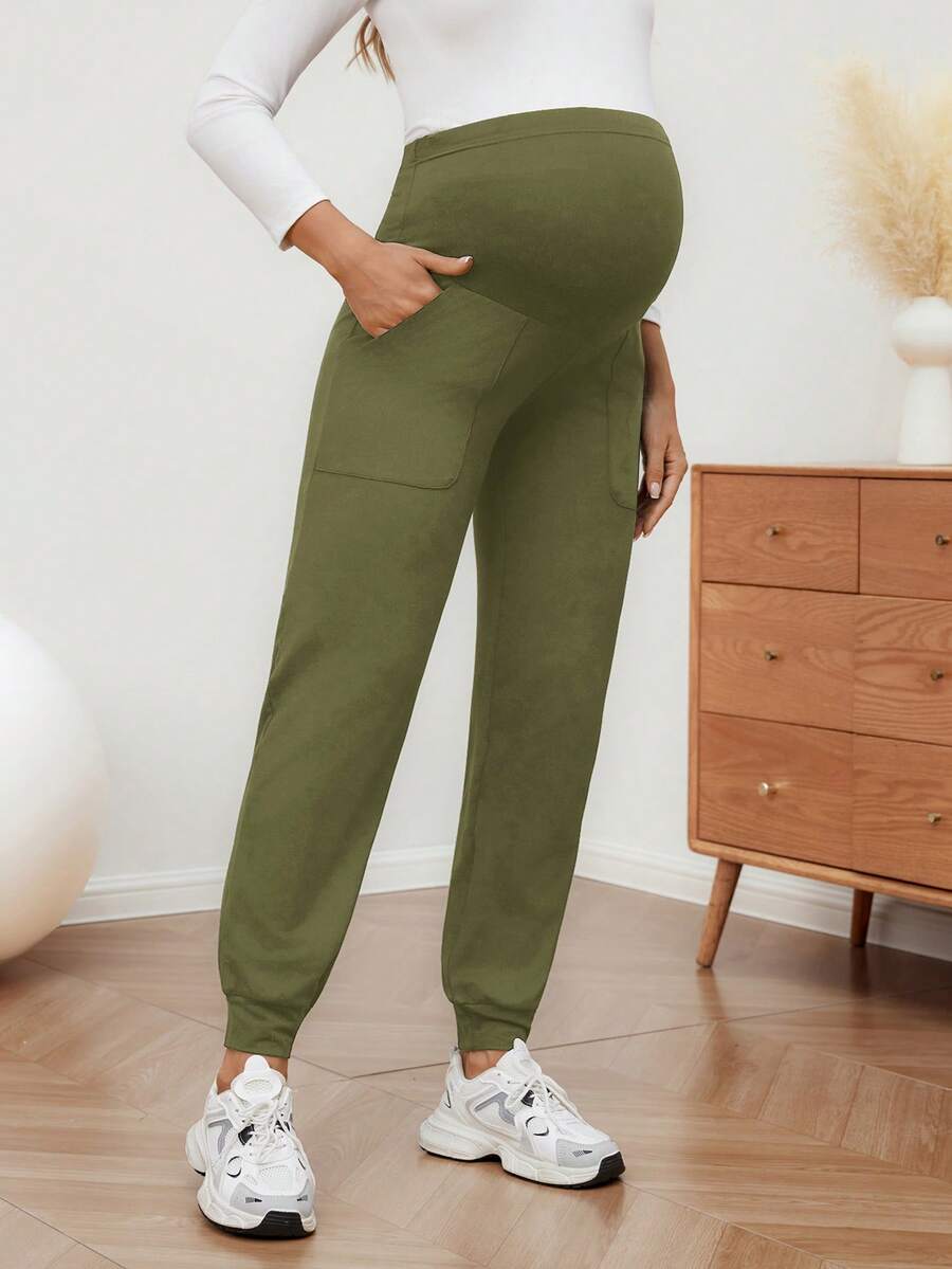 SHEIN 孕妇运动裤，带口袋和抽绳裤脚 - 軍綠色 - 查看 1