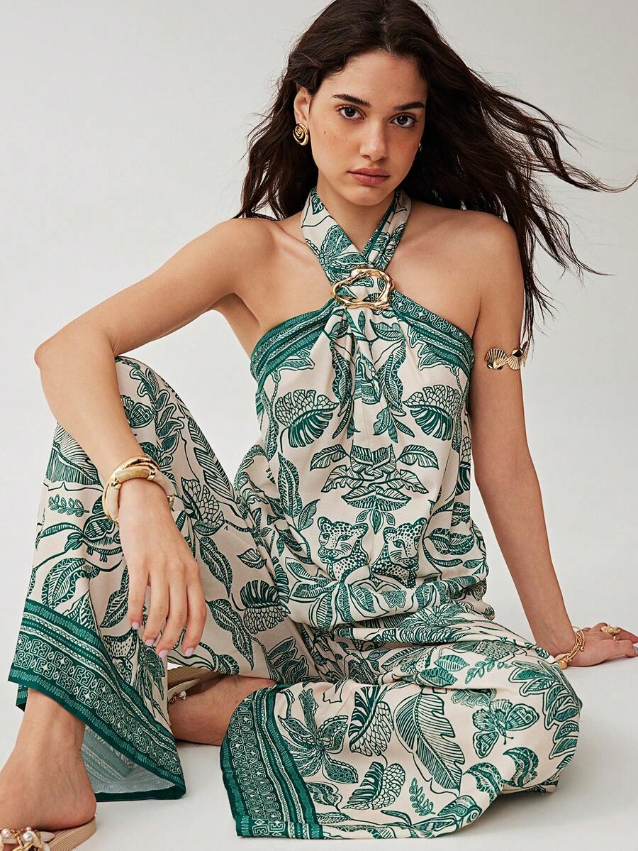 Soleia 女士热带印花露背上衣和裤子两件套，度假海滩风