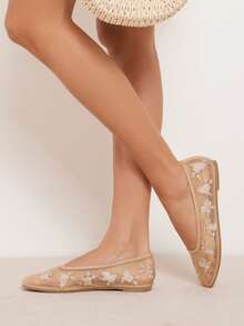 Solezae 女士优雅刺绣蕾丝芭蕾平底鞋 - 杏色 - 查看 9