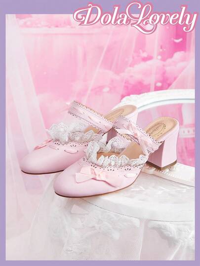 Dola Lovely Ladies Pink Lace Bow With Exposed Heel And Half-Tow, Sweet And Cute Versatile Lolita High-Heeled Shoes