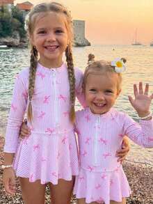 SHEIN 女童蝴蝶结条纹印花拉链长袖连体泳衣 女童长袖泳衣 女童长袖泳衣 女童长袖泳衣 女童长袖泳装 女童长袖泳衣 夏季假期泳装 - 粉色 - 查看 1