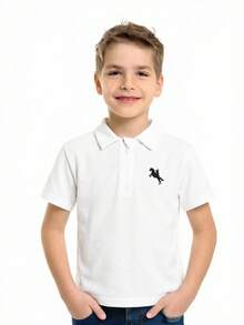 SHEIN 青少年男孩骑士印花休闲百搭日常短袖Polo衫 - 白色 - 查看 3