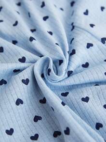 SHEIN 棉质罗纹针织多色撞色爱心图案带假抽绳长裤家居服舒适休闲女式两件套睡裤套装，夏季适用 - 彩色 - 查看 7