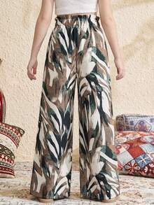 Tween Girls' Loose Casual Ruffle Hem Leaf Print High Waist Wide Leg Pants Girl Wide Leg Pant Patterned Pants Loose Pants Summer Pants Casual Loose Pants Boho Pants Palm Leaf Print Pants Flowy Pants - Khaki - View 5