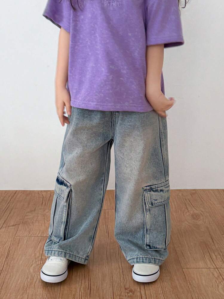 Young Girls Loose Cargo Pocket Korean Style Jeans