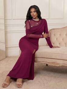 Anewsta Elegant One-Shoulder Mesh Rhinestone Splice Slit Fitted Maxi Dress, Burgundy Red For Evening Party - Burgundy - View 5