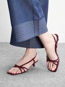 CUCCOO BIZCHIC 女士鞋履 春夏新款酒红色条纹露趾中跟凉鞋 简约时尚舒适 日常百搭通勤凉鞋 女士鞋履 - ~酒紅 - 查看 5