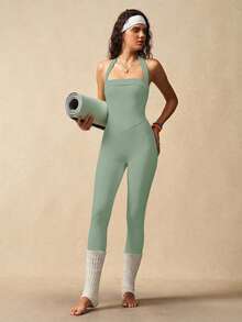 VARSIVA Women's Sexy Minimalist Solid Color Backless Halter Jumpsuit - Mint Green - View 10