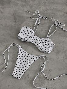 Swim Mod 夏季度假不对称波点印花抹胸比基尼套装，侧边系带，两件套泳装 - 彩色 - 查看 2