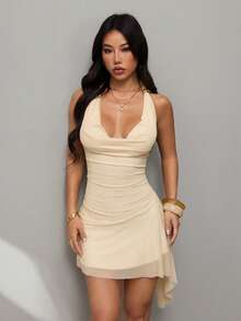 SHEIN PETITE Đầm ngắn hở lưng cổ yếm gợi cảm thanh lịch dành cho nữ, thích hợp cho mùa hè. - Vàng nhạt - Xem 3