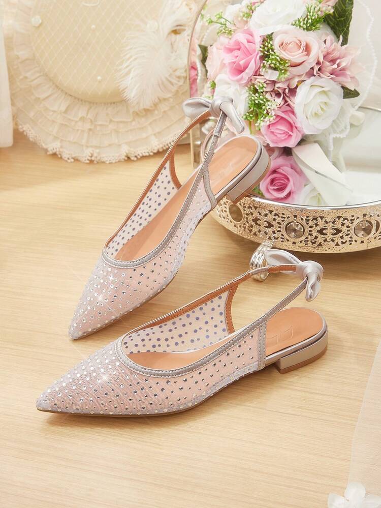 CUCCOO HITCHD Women Shoes Summer And Summer New Fashion French Mesh Rhinestone Pointed Flat Sole Shoes,Bow With Slip-On, Comfortable And Elegant, Versatile And Not Tired Of Feet, Silver Hot Rhinestones Are Very Beautiful Summer Shoes Wedding Shoes Bride Shoes