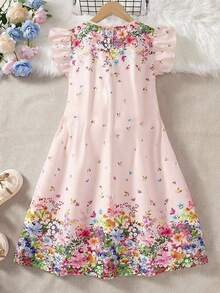 SHEIN 少女仿领短袖印花连衣裙 - 淺粉色 - 查看 2