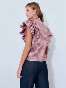 Nöista Pink Checkered Top With Flutter Sleeves Features Ruffled A Stand-Up Collar, And Pattern, Creating Sweet Retro Style. - Blue - View 2