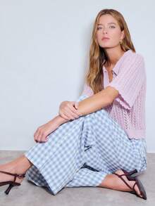 Nöista Wide-Leg Pants With Blue Gingham Print With Contrasting Lavender Checkered Front Pockets. The Elastic Waistband With Drawstring For Adjustable On Waist. Casual, Loungewear, Spring, Summer, Easter; - Blue - View 3
