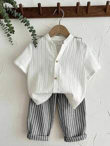 LMoss Kids 男童纯色梭织休闲衬衫和条纹裤两件套 - 黑與白 - 查看 3