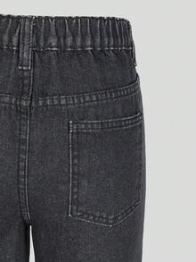 SHEIN ChillGRL 女童灰色时尚简约休闲水钻装饰宽松阔腿水洗牛仔裤 - 黑色 - 查看 6