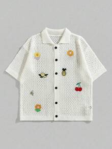 ROMWE MEN Street Life Men's Summer Casual Vacation Style Embroidered Mesh Hollow Knit Top - White - View 1