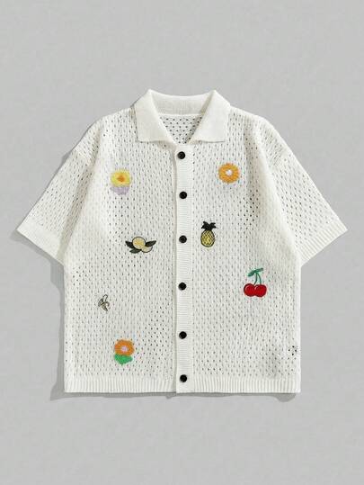 ROMWE MEN Street Life Men's Summer Casual Vacation Style Embroidered Mesh Hollow Knit Top