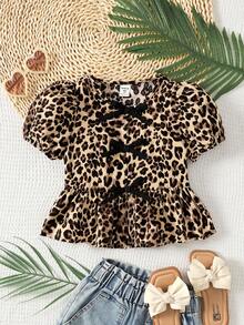 女童雪纺豹纹圆领花瓣袖修身休闲衬衫 - 彩色 - 查看 5