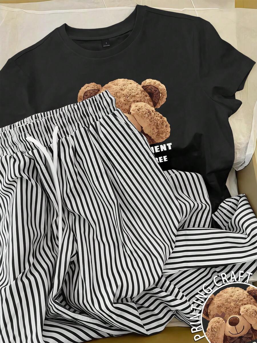 Resyla Bộ 2 món nữ mùa hè kiểu dáng thường ngày in hình gấu dễ thương, cổ tròn, tay ngắn và quần kẻ sọc. - màu đen - Xem 1