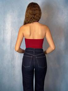 Aless PB Women's Fashion Casual Sexy Solid Color Halter Backless Tank Top - Burgundy - View 2