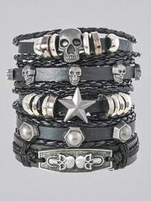ROMWE Grunge Punk 5 件/套，朋克复古骷髅头，星形时尚 PU 男士手链，女士手链，精选礼品。 - 黑色-A - 查看 2