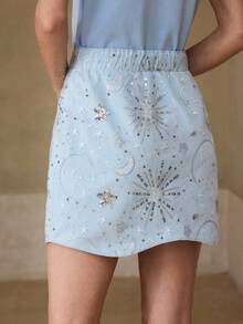 MOTF PREMIUM CHÂN VÁY XANH CÓ VIỀN CONG, THÊU HÌNH NGÔI SAO ĐÍNH KIM TUYẾN TƯƠNG PHẢN - Màu xanh lam - Xem 3