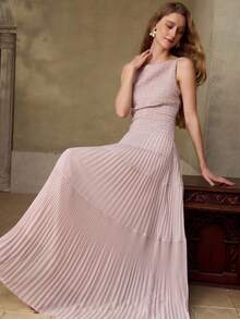 MOTF PREMIUM WOMEN'S ROMANTIC A-LINE DRESS WITH STRUCTURAL DESIGN AND PLEATED DETAILS, SPRING/SUMMER - Dusty Pink - View 7