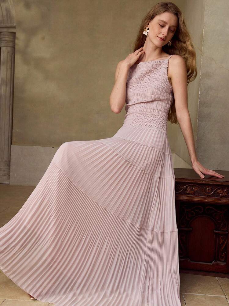 WOMEN'S ROMANTIC A-LINE DRESS WITH STRUCTURAL DESIGN AND PLEATED DETAILS, SPRING/SUMMER