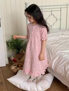 DAZY 少女樱桃印花纽扣褶皱休闲睡裙 - 粉色 - 查看 3