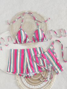 Bonvoyette 夏季度假性感时尚撞色条纹印花三件套比基尼 - 彩色 - 查看 2