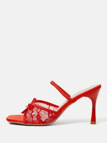 CUCCOO HITCHD Sandálias de salto alto femininas, modelo scarpin, bico quadrado, com laço, renda e renda vermelha, novidade para a primavera e o verão. Elegantes, românticas e sensuais. - Vermelho - Ver 9