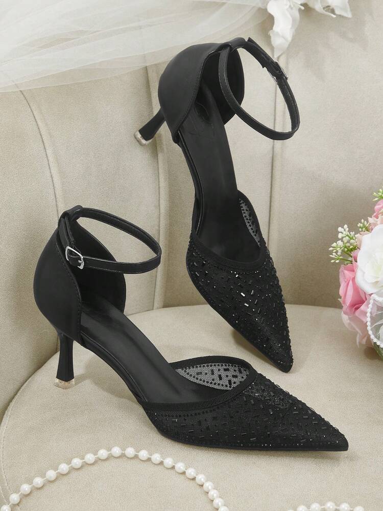 CUCCOO HITCHD Summer And Autumn Black Mesh Rhinestone Pointed Toe Thin Heel Sexy Elegant Hollow Women's High Heel Shoes Summer Shoes Wedding Shoes Bride Shoes