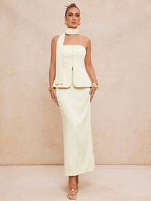 Lumalex Women's Elegant Apricot Sleeveless Cropped Top With Bow Tie Design + Women's Elegant Apricot Slit Fitted Skirt, Spring/Summer - Apricot - View 3