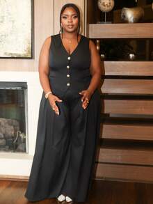 Hourglow 大码女装夏秋季秋季女装新款时尚休闲优雅通勤工作返校服装复古风格教师服装商务女装 7 月 4 日服装休闲女装白色背心套装，黑色 - 黑色 - 查看 3