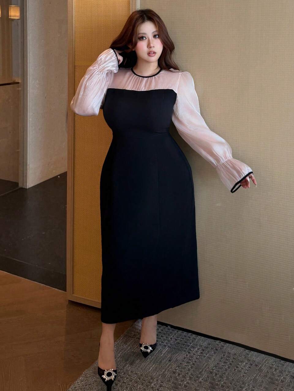 Dazy Plus Plus Size Women Colorblock Round Neck Flare Sleeve Elegant Dress Sun Dresses For Women