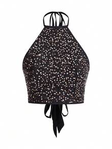 Rafferiza Open Back Crop Sequins Halter Top, Going Out Top For Holiday Party Clothes - Black - View 2